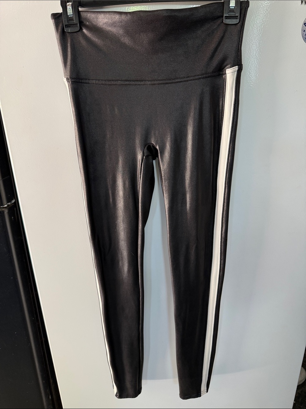 SPANX Black Faux Leather Leggings with Red Logo Tag
